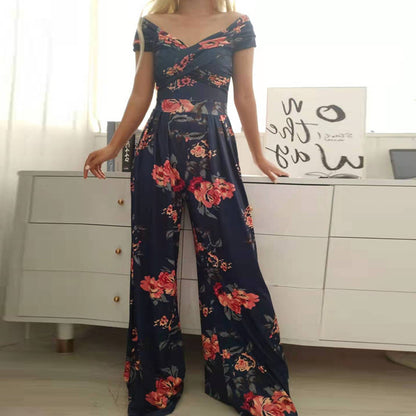 spring autumn women clothing off shoulder printing office printed waist controlled jumpsuit