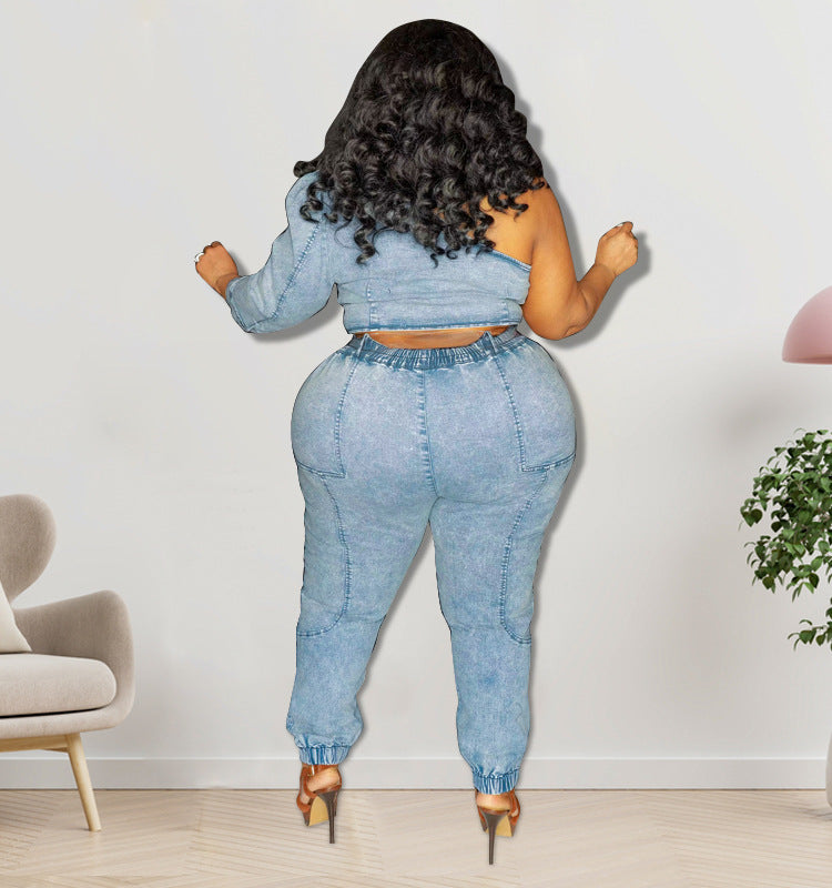 FZ Women's Plus Size Single Sleeve Fashion Denim Jumpsuit - FZwear