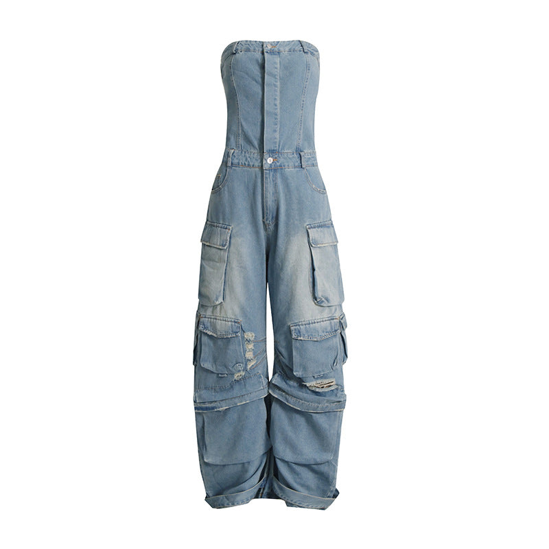 summer multi pocket ripped waist slimming sexy tube top tooling denim jumpsuit women