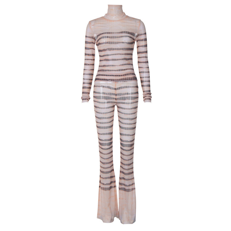 FZ Women's Sexy Stripes Turtleneck Bell Bottom Pants Suit - FZwear