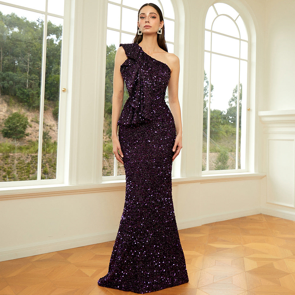 sleeveless elegant sexy long sequined diagonal collar backless cocktail evening dress bridesmaid dress women