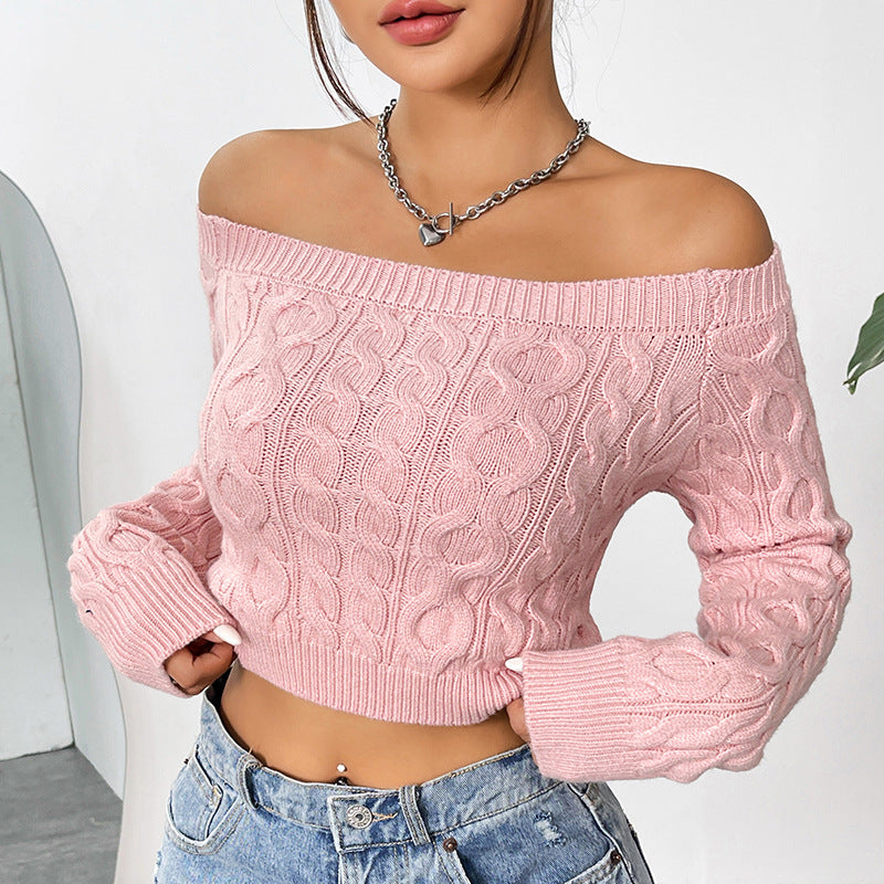 FZ Women's Sexy Cropped off Neck Slim Fit Sweet Pink Sweater Top