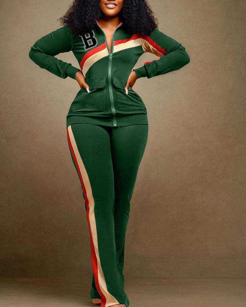 FZ Women's Paneled Letter Print Zip Up Top & Pants Suit - FZwear