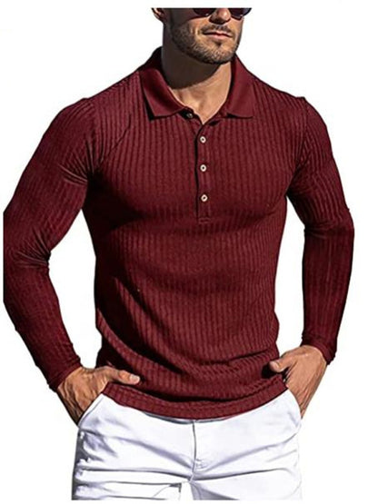 new men's high elastic vertical strip long sleeve polo shirt slim knit bottom shirt polo shirt