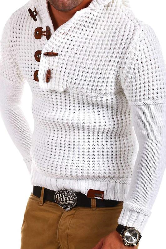 men's solid color lapel collar diagonal button horn button pullover sweater