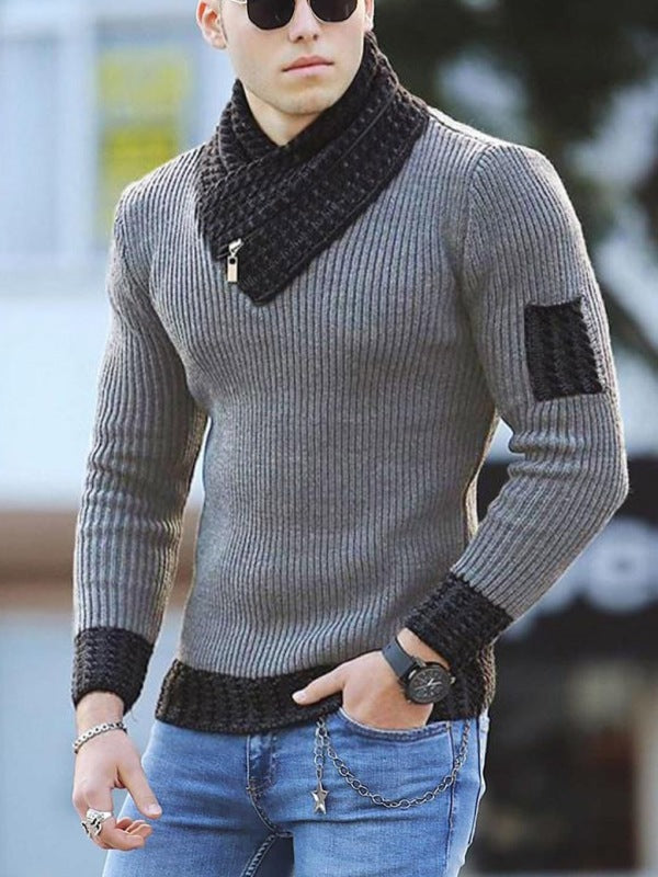 men's contrasting color stitching scarf business casual sweater