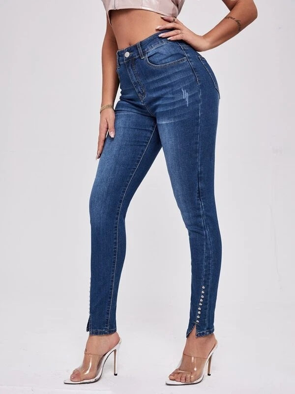 slit beaded stitching slim high waist stretch jeans women's trousers