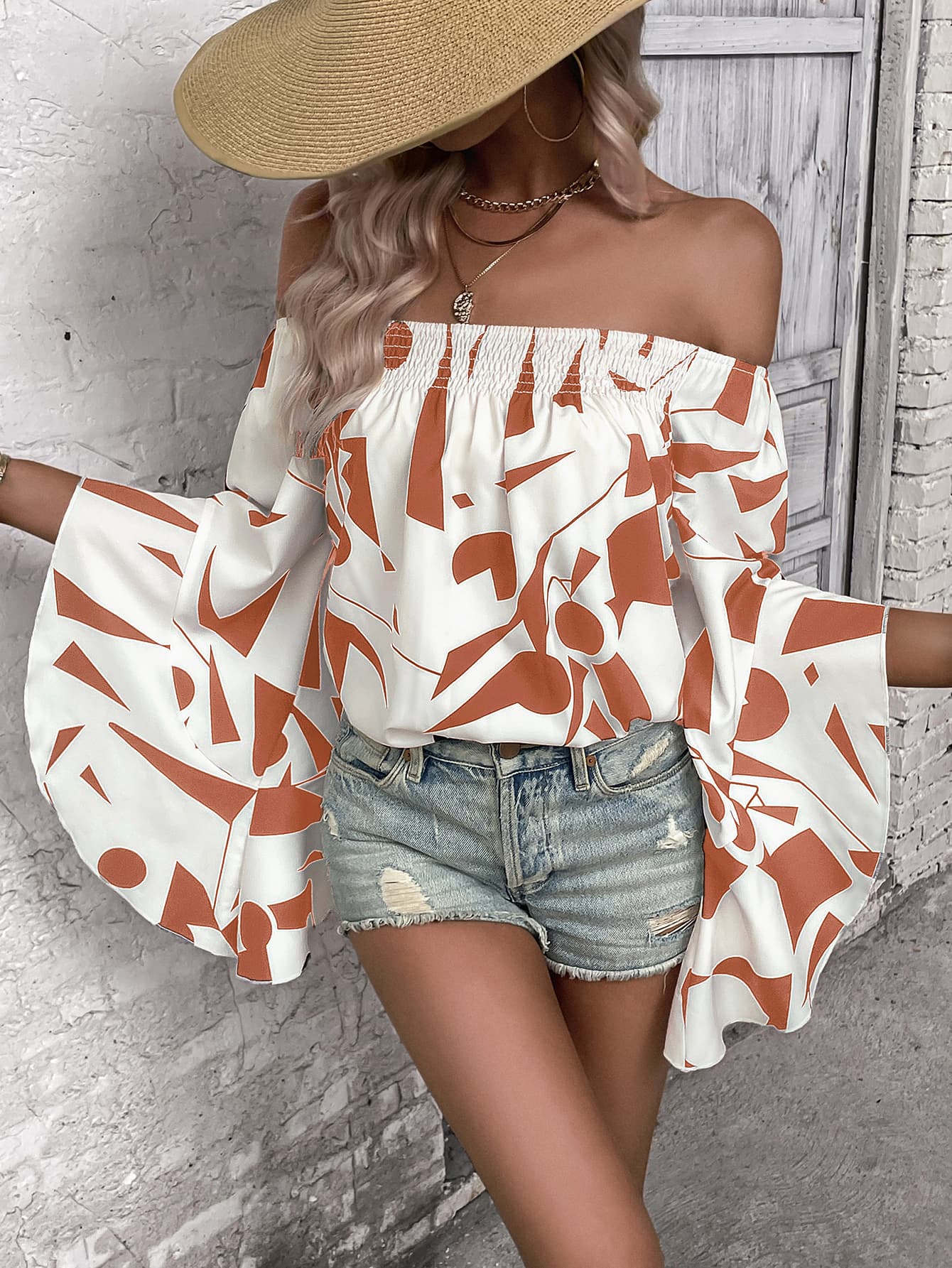 printed off-shoulder bell sleeve blouse