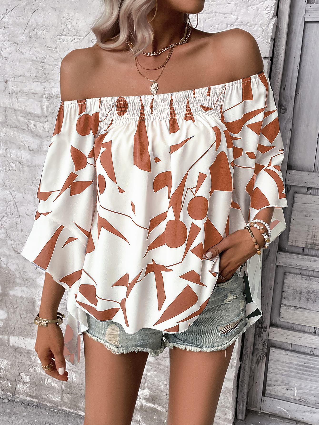 printed off-shoulder bell sleeve blouse