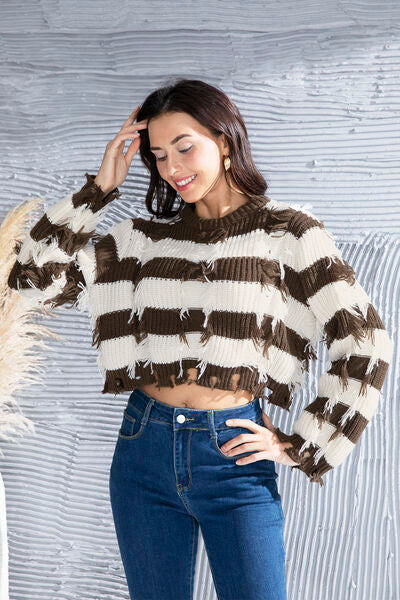 FZ Women's Striped Fringe Round Neck Sweater Top