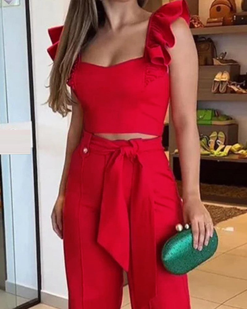 FZ Women's Flutter Sleeve Crop Top & Wide Leg Pants Suit - FZwear