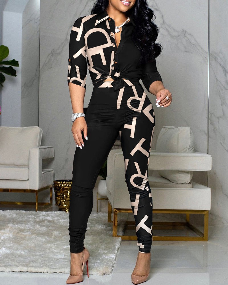 FZ Women's Letter Print Knotted Top & High Waist Pants Suit - FZwear