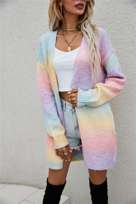 sweater rainbow tie-dye mid-length oversized cardigan pocket knit jacket