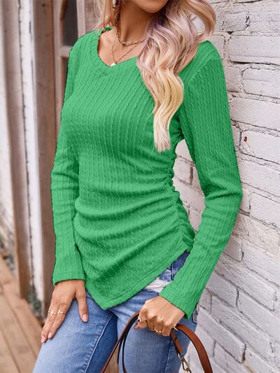 FZ Women's Textured Ruched V-Neck Long Sleeve Tee