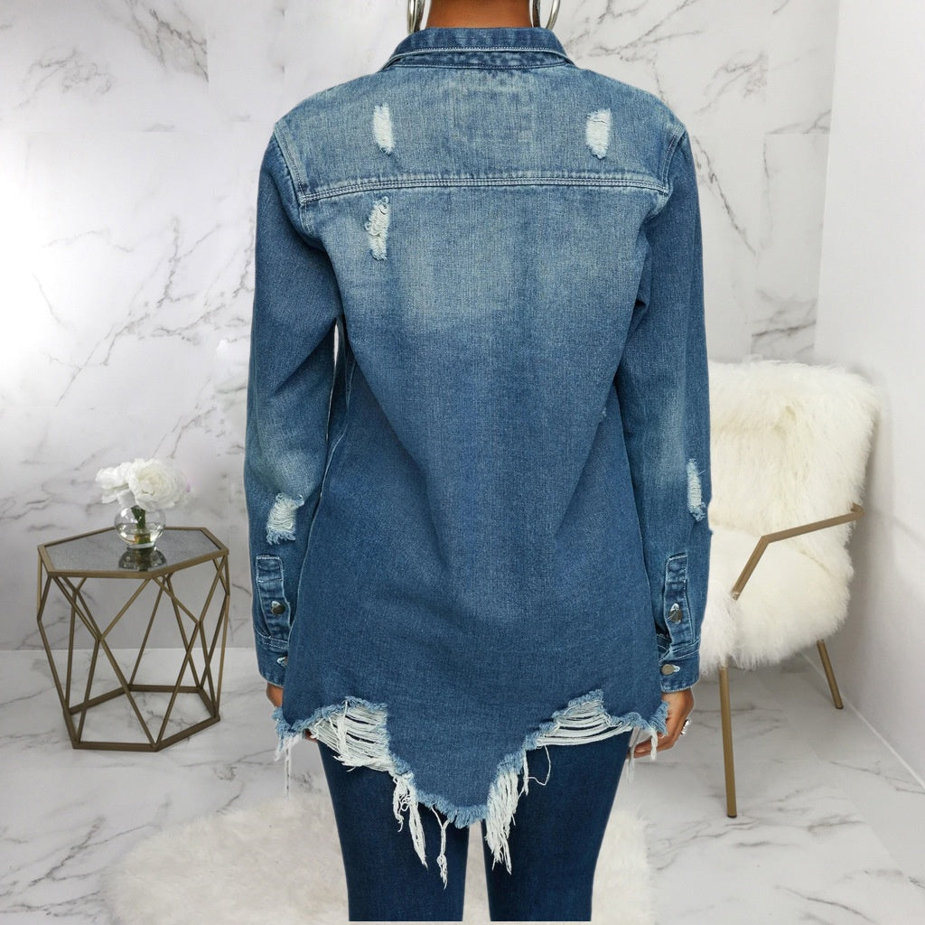 FZ Women's  Loose Ripped Washed Blue Denim Jacket - FZwear
