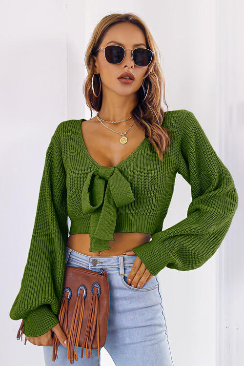 FZ Women's Bow V-Neck Long Sleeve Cropped Sweater Top - FZwear