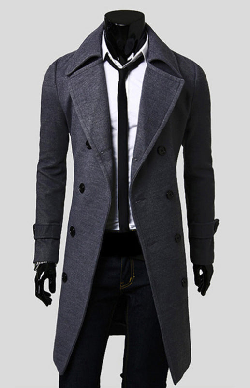 men's double breasted lengthened simple wool coat