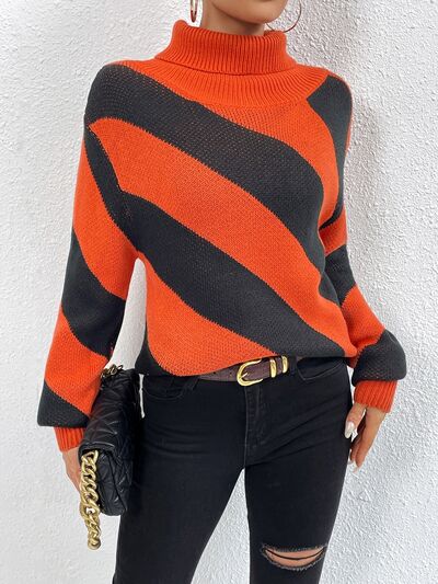 FZ Women's Striped Turtleneck Dropped Shoulder Sweater