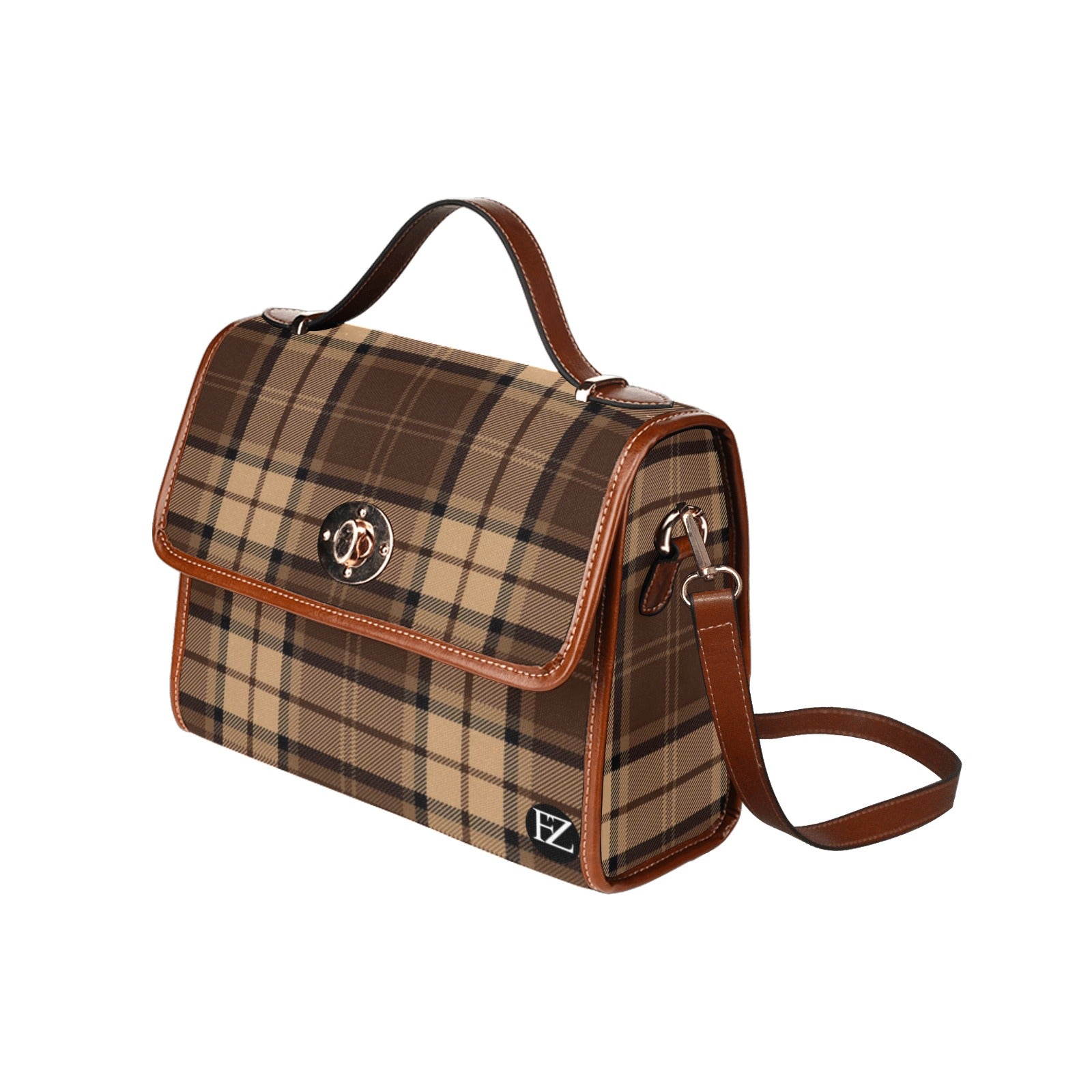 fz women's plaid hand bag all over print waterproof canvas bag(model1641)(brown strap)