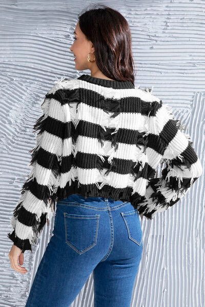 FZ Women's Striped Fringe Round Neck Sweater Top