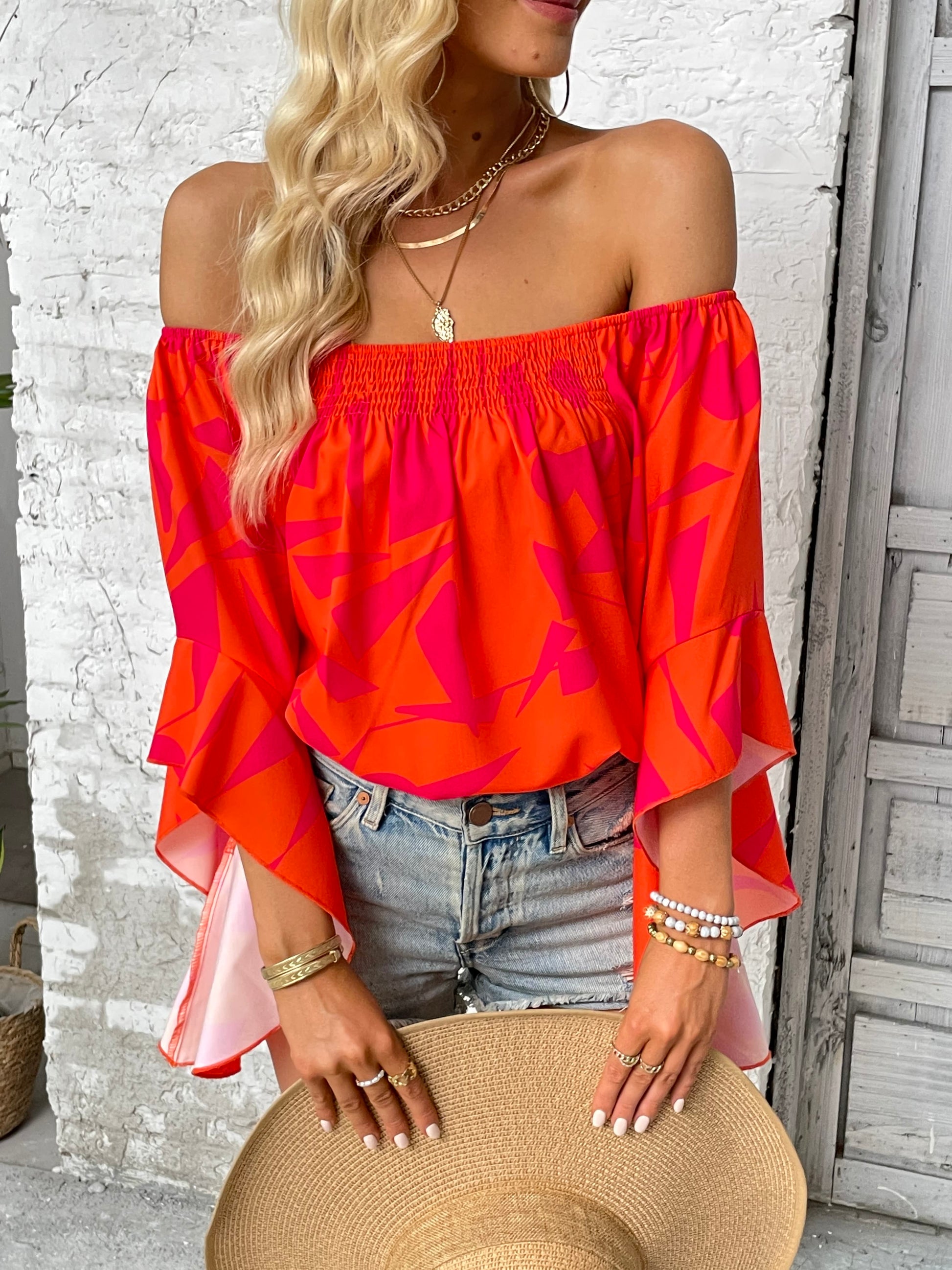 printed off-shoulder bell sleeve blouse