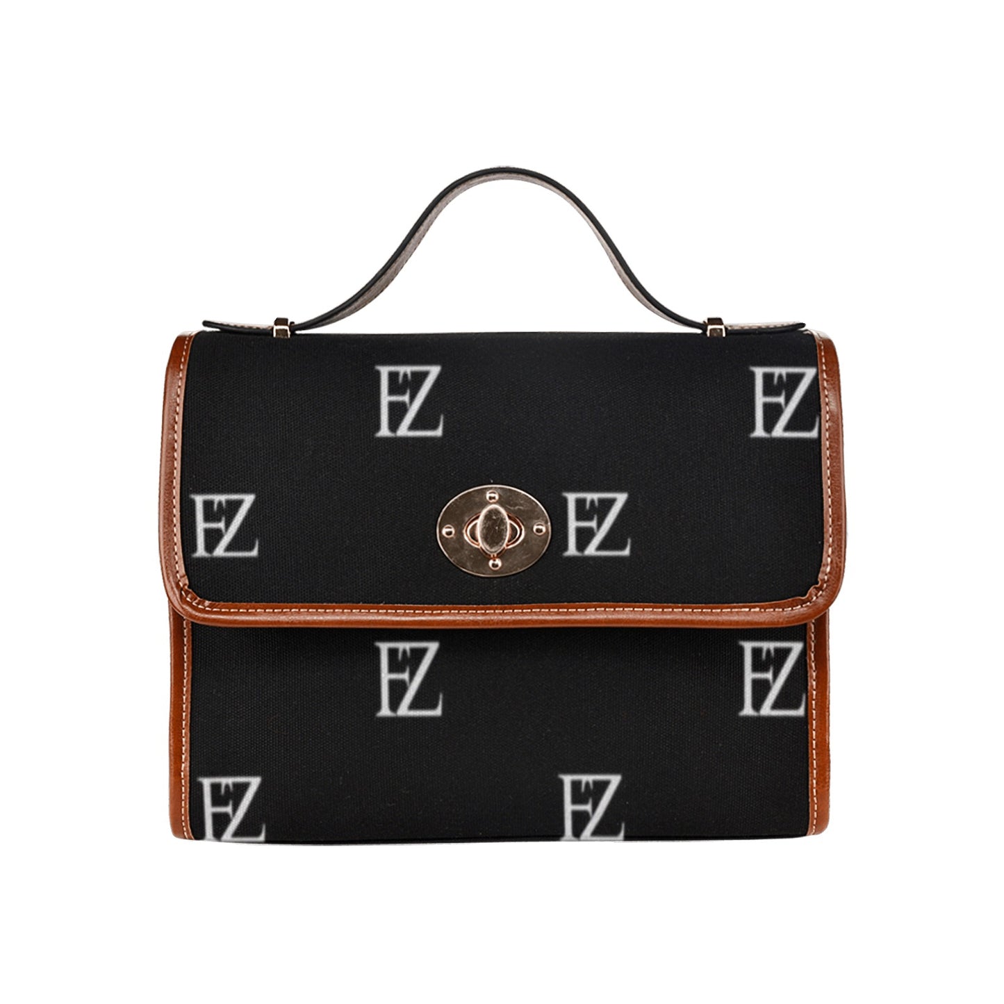 fz zone handbag one size / fz zone handbag - black all over print waterproof canvas bag(model1641)(brown strap)
