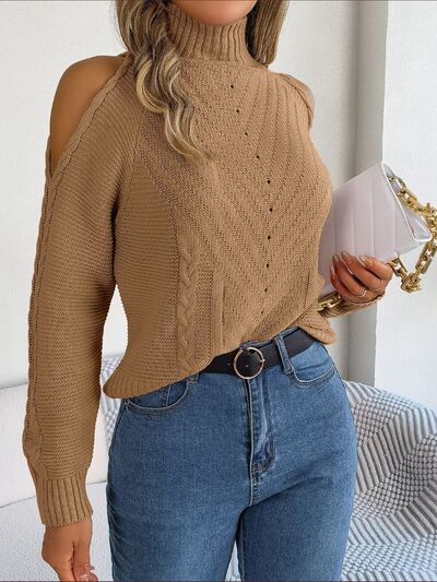 FZ Women's Cable-Knit Turtleneck Cold Shoulder Sweater Top