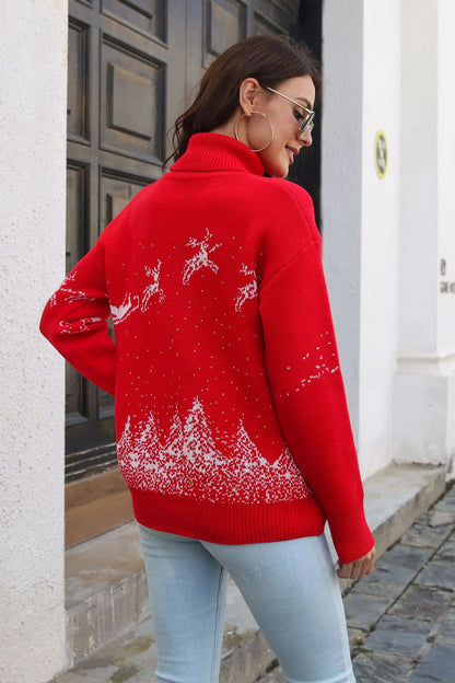 reindeer & snow pattern turtle neck pullover sweater