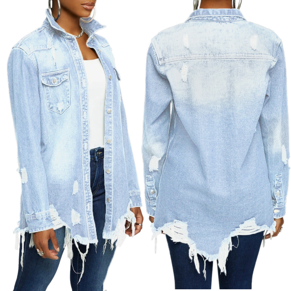 FZ Women's  Loose Ripped Washed Blue Denim Jacket - FZwear