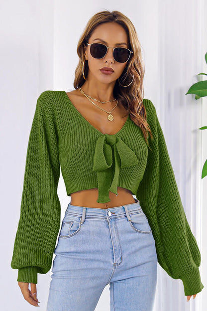 FZ Women's Bow V-Neck Long Sleeve Cropped Sweater Top