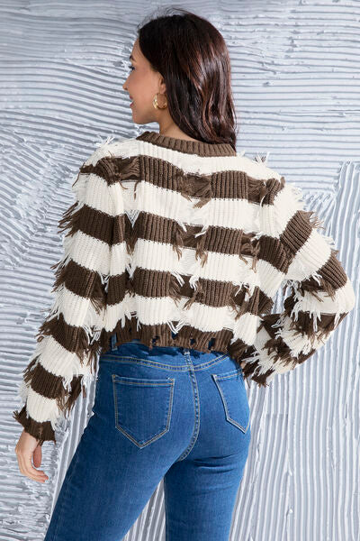 FZ Women's Striped Fringe Round Neck Sweater Top - FZwear