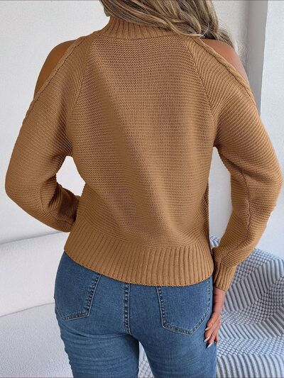 FZ Women's Cable-Knit Turtleneck Cold Shoulder Sweater Top