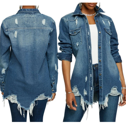 FZ Women's  Loose Ripped Washed Blue Denim Jacket - FZwear