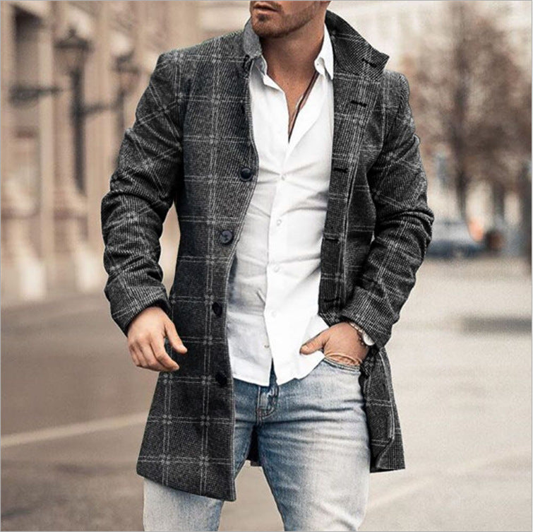 new men's woolen stand collar mid-length pocket casual coat