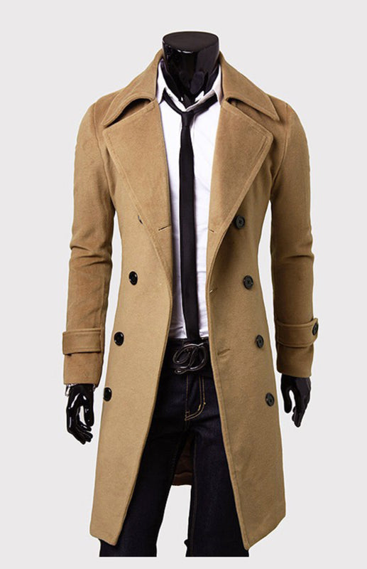 men's double breasted lengthened simple wool coat