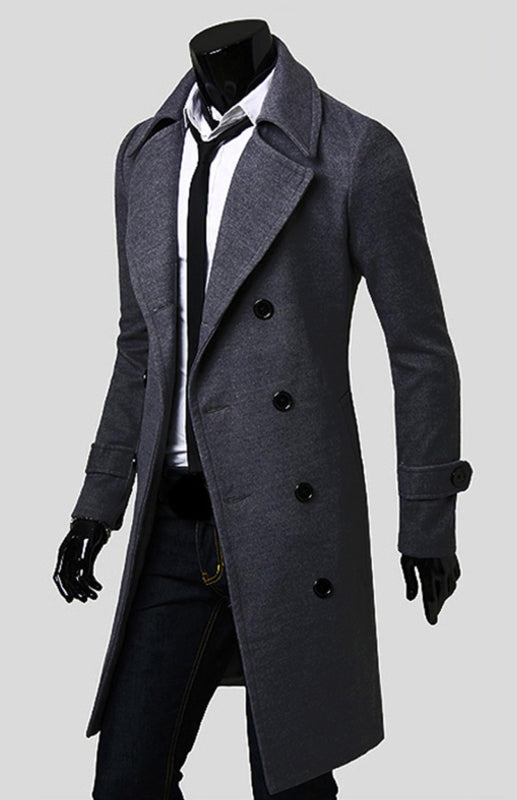 men's double breasted lengthened simple wool coat