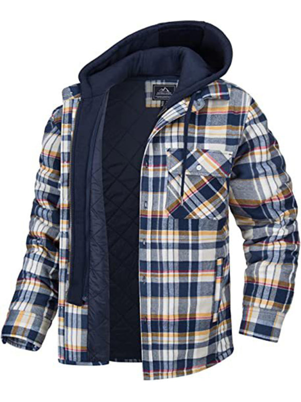 men casual thickened padded plaid long sleeve loose hooded jacket