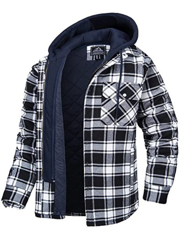 men casual thickened padded plaid long sleeve loose hooded jacket