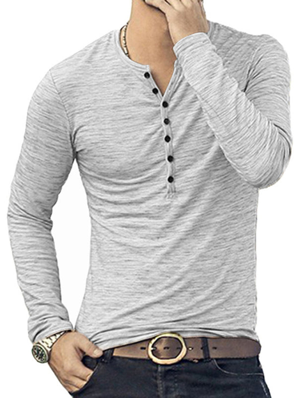 new fashion open placket slub silk men's long-sleeved t-shirt