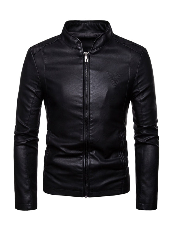 FZ Men's motorcycle zipper stand collar leather jacket