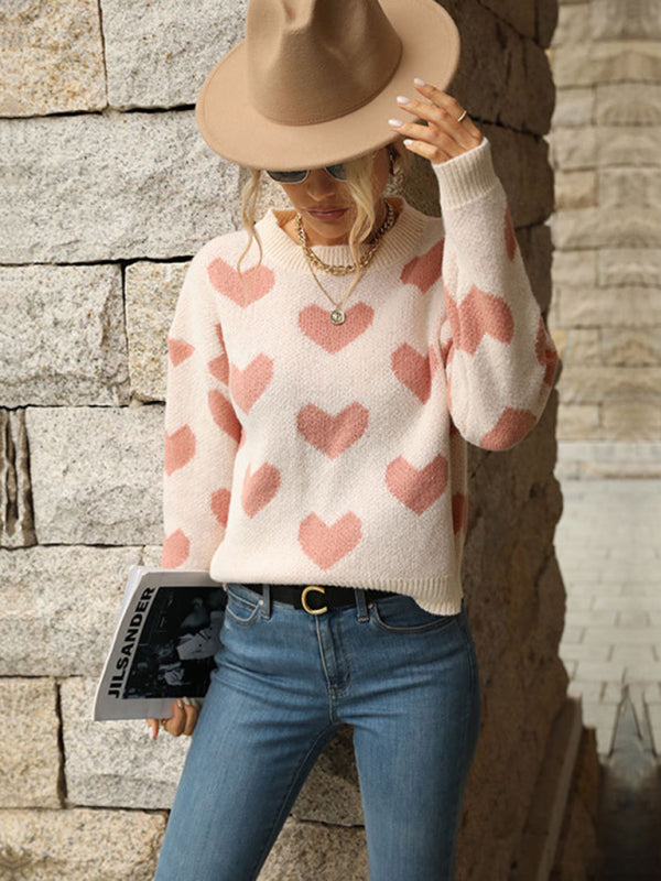knit casual heart long sleeve pink sweater