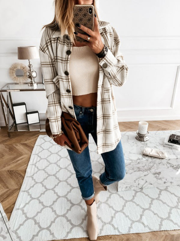 women's plaid casual brushed wool cardigan jacket