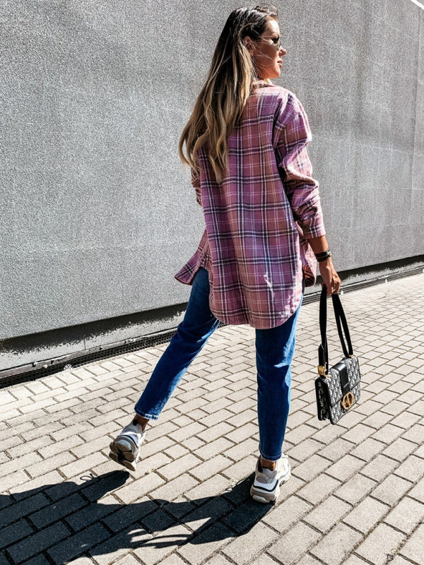women's plaid casual brushed wool cardigan jacket