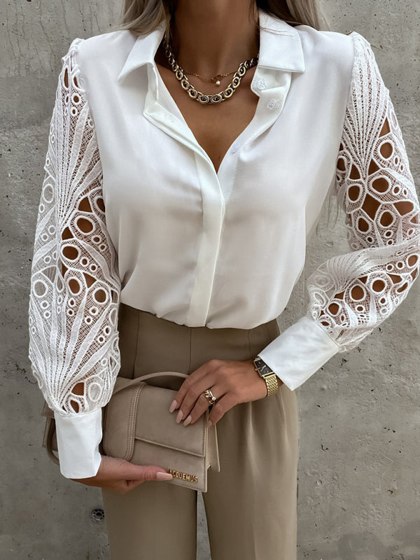 women's lace panel long sleeve shirt top