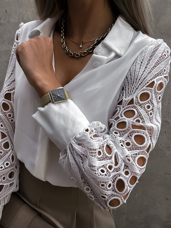 women's lace panel long sleeve shirt top