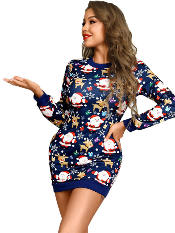 women's christmas print round neck long sleeve pack hip dress