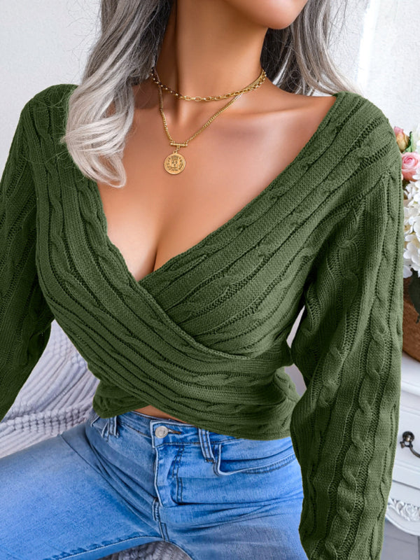 women's sexy cross v-neck twist long sleeve crop sweater