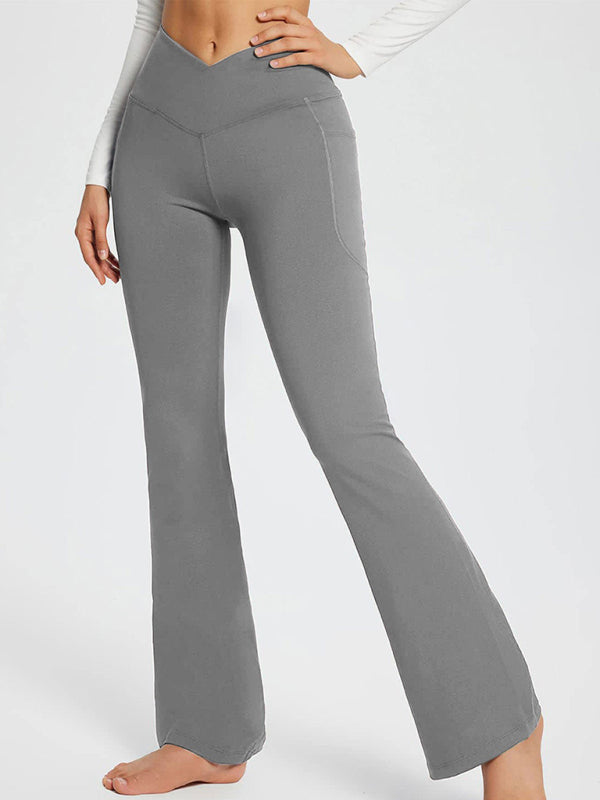 women’s solid color full length pocket waist flare leggings