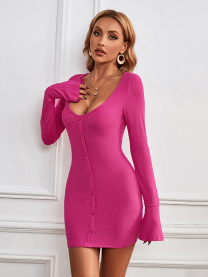 sexy hip skirt single-breasted u-neck knitted long-sleeved temperament dress