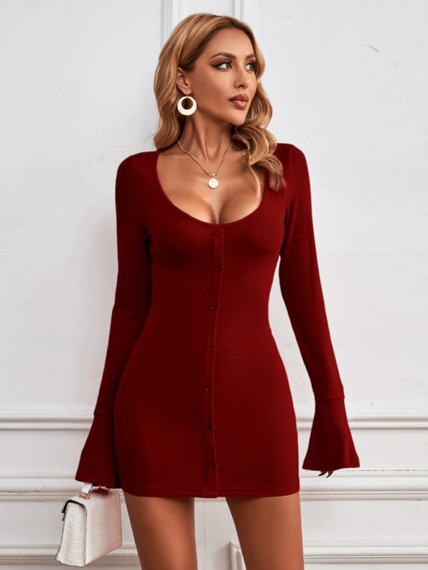sexy hip skirt single-breasted u-neck knitted long-sleeved temperament dress
